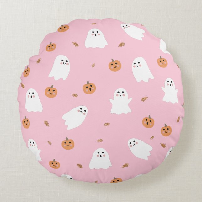 Cute Ghost & Pumpkin Pink Halloween Pattern Round Pillow (Front)