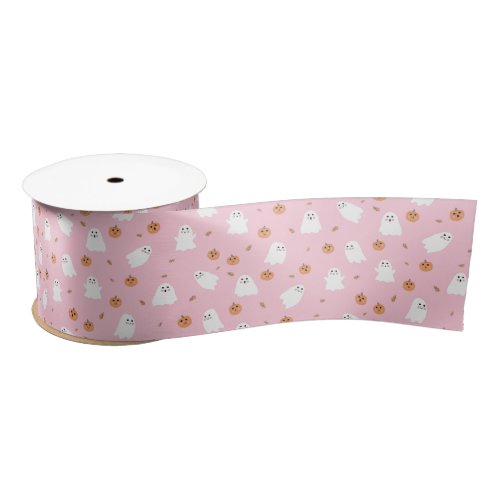 Cute Ghost  Pumpkin Pink Halloween Pattern Satin Ribbon