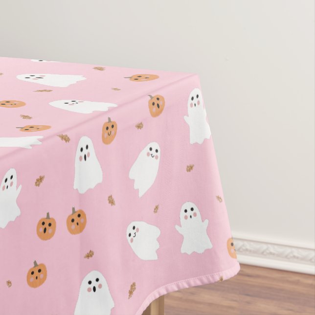Cute Ghost & Pumpkin Pink Halloween Pattern Tablecloth (In Situ)