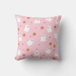 Cute Ghost & Pumpkin Pink Halloween Pattern Throw Pillow