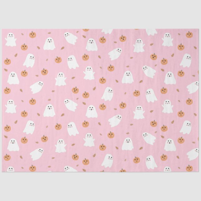 Cute Ghost & Pumpkin Pink Halloween Pattern Tissue Paper (Front)