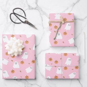 Cute Ghost & Pumpkin Pink Halloween Pattern Wrapping Paper Sheets