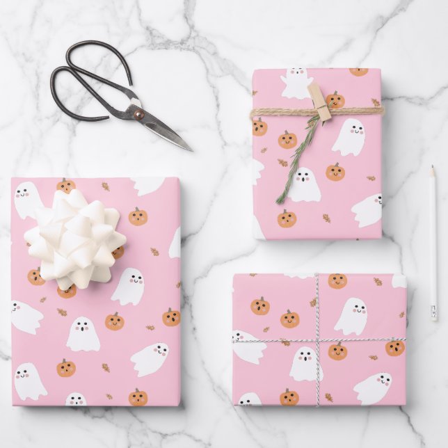 Cute Ghost & Pumpkin Pink Halloween Pattern Wrapping Paper Sheets (Front)