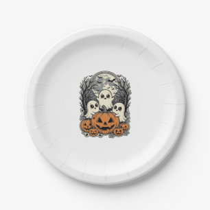 Cute Ghost Pumpkin Shirt Vintage Engraving Hallowe Paper Plates