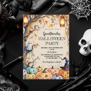 Cute Ghost & Pumpkin Spooktacular Halloween Party Invitation