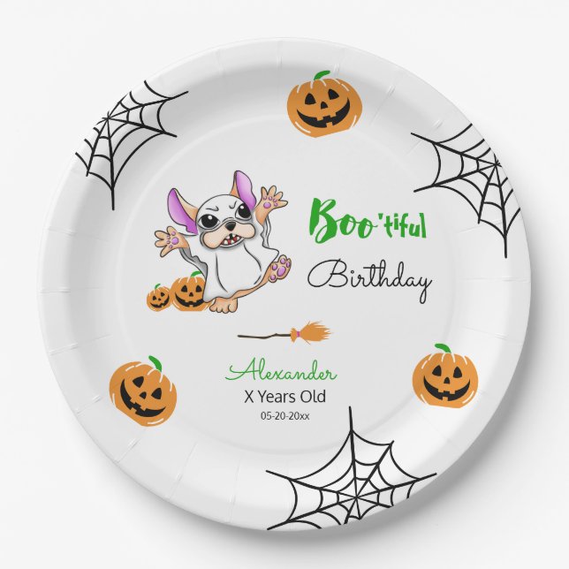 Cute ghost pumpkins Halloween Happy Birthday Paper Plates (Front)