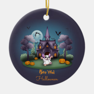 Cute ghost pumpkins Haunted House Halloween Ceramic Ornament