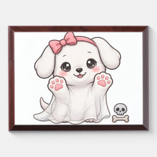 Cute Ghost Puppy Pink Bow Halloween Dog Sticker Award Plaque