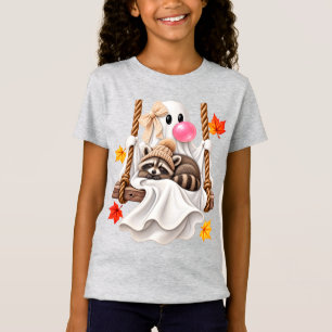 Cute Ghost Raccoon Autumn Swing Maple Leaves Cozy T-Shirt