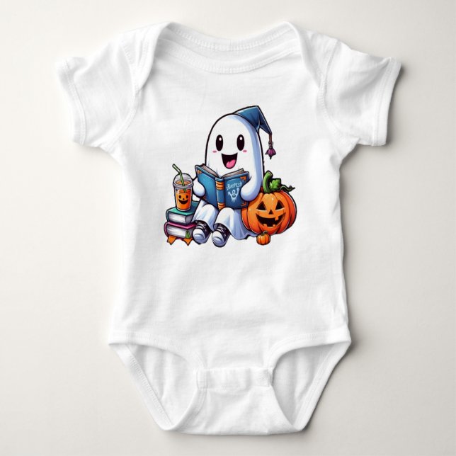 cute ghost read a book halloween lovers baby bodysuit (Front)