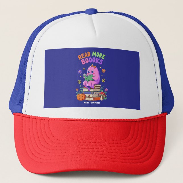 Cute Ghost “Read More Booooks” Funny Halloween  Trucker Hat (Front)
