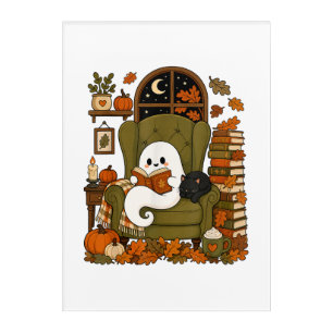 Cute Ghost Reading Book Black Cat Fall Pumpkin Acrylic Print