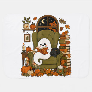 Cute Ghost Reading Book Black Cat Fall Pumpkin Baby Blanket