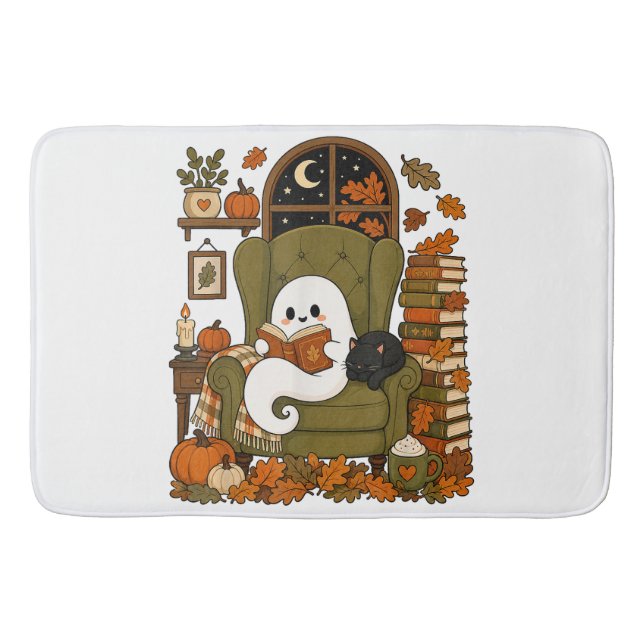 Cute Ghost Reading Book Black Cat Fall Pumpkin Bath Mat (Front)