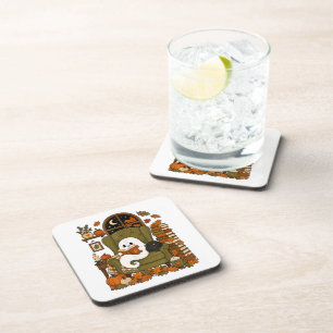 Cute Ghost Reading Book Black Cat Fall Pumpkin Beverage Coaster