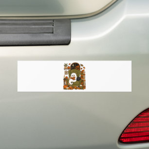 Cute Ghost Reading Book Black Cat Fall Pumpkin Bumper Sticker