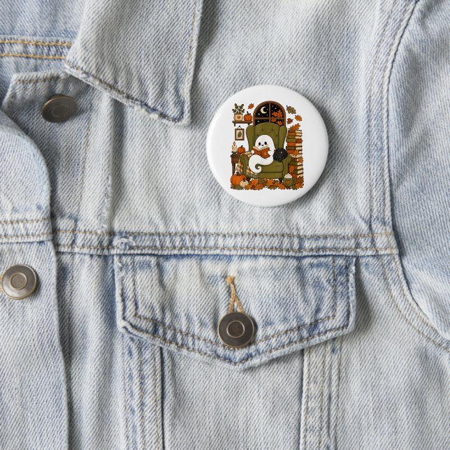 Cute Ghost Reading Book Black Cat Fall Pumpkin  Button (In Situ)