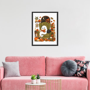 Cute Ghost Reading Book Black Cat Fall Pumpkin Canvas Print