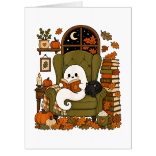 Cute Ghost Reading Book Black Cat Fall Pumpkin Card