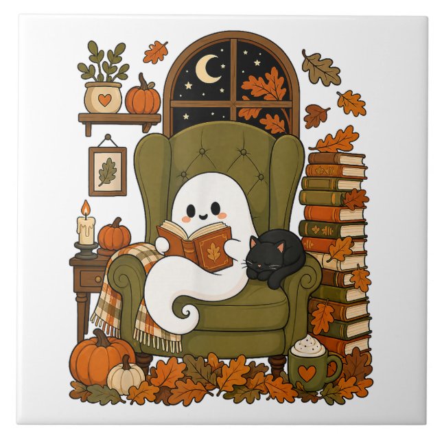 Cute Ghost Reading Book Black Cat Fall Pumpkin Ceramic Tile (Front)