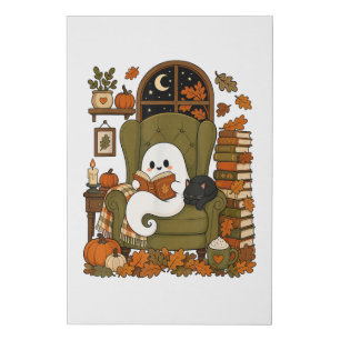 Cute Ghost Reading Book Black Cat Fall Pumpkin Faux Canvas Print
