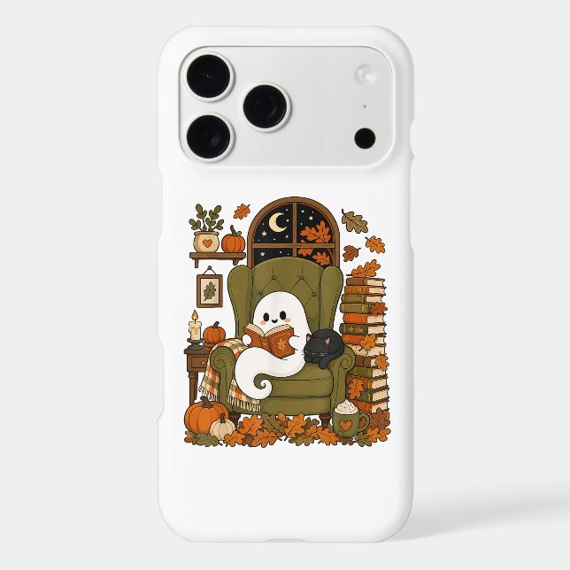 Cute Ghost Reading Book Black Cat Fall Pumpkin iPhone Case (Back)