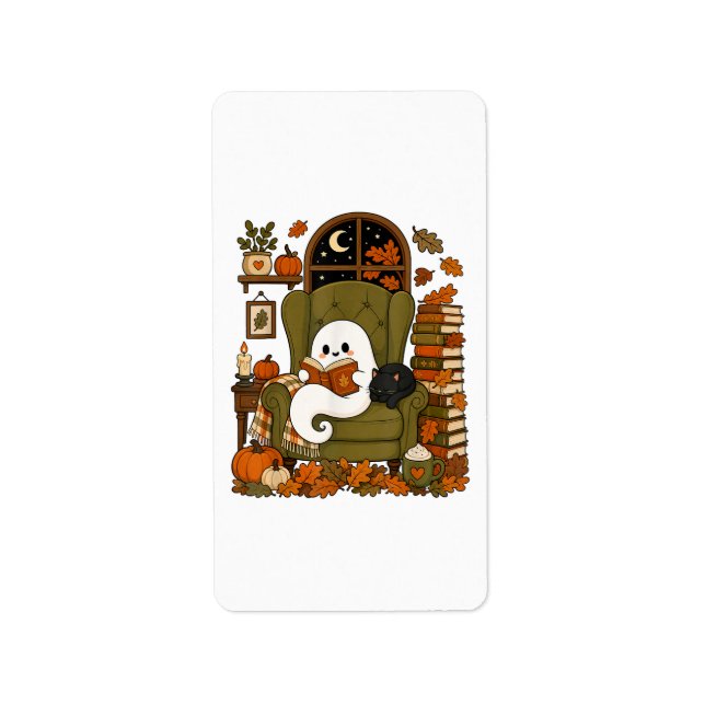 Cute Ghost Reading Book Black Cat Fall Pumpkin  Label (Front)