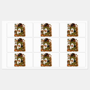 Cute Ghost Reading Book Black Cat Fall Pumpkin Labels