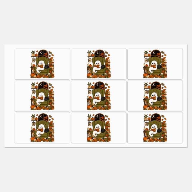 Cute Ghost Reading Book Black Cat Fall Pumpkin Labels (Sheet)
