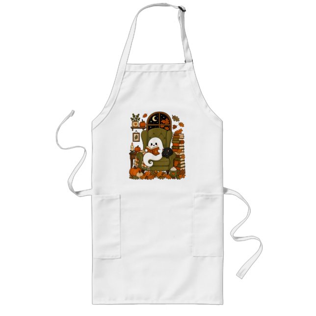 Cute Ghost Reading Book Black Cat Fall Pumpkin Long Apron (Front)