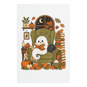 Cute Ghost Reading Book Black Cat Fall Pumpkin Metal Print