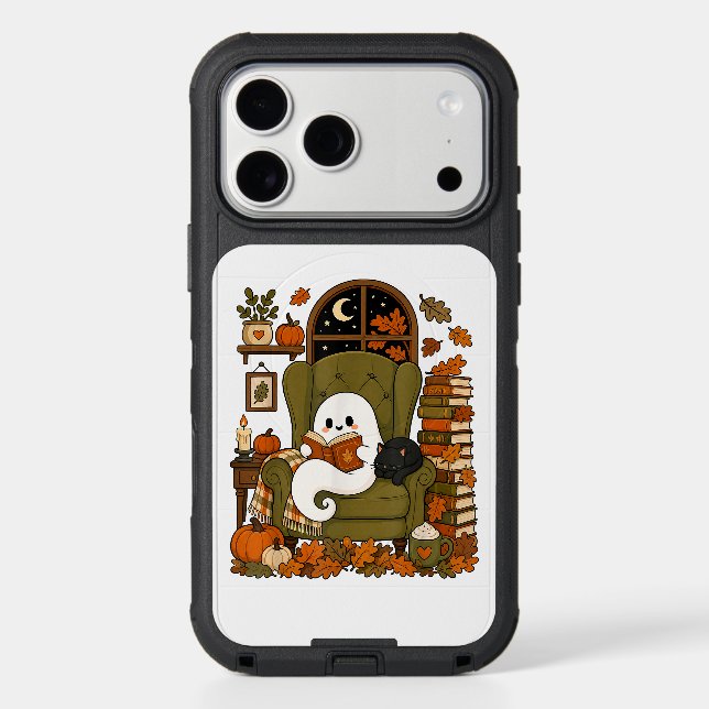 Cute Ghost Reading Book Black Cat Fall Pumpkin Otterbox iPhone Case (Back)