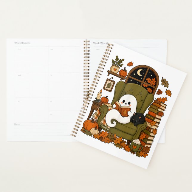 Cute Ghost Reading Book Black Cat Fall Pumpkin Planner (Display)