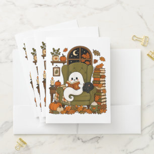 Cute Ghost Reading Book Black Cat Fall Pumpkin Pocket Folder