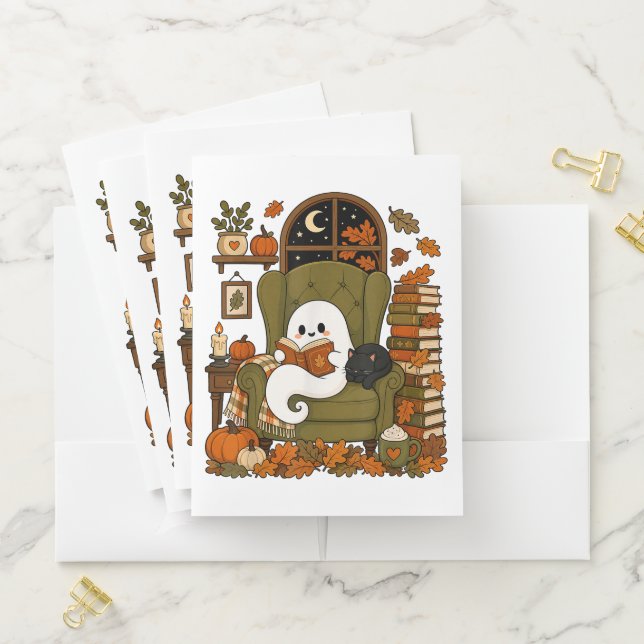 Cute Ghost Reading Book Black Cat Fall Pumpkin  Pocket Folder (In Situ)