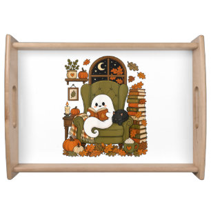 Cute Ghost Reading Book Black Cat Fall Pumpkin Serving Tray