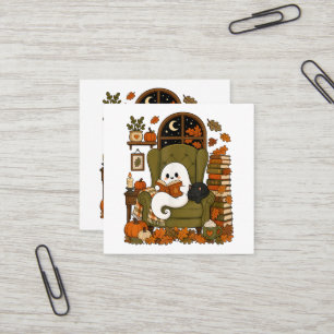 Cute Ghost Reading Book Black Cat Fall Pumpkin Square Business Card