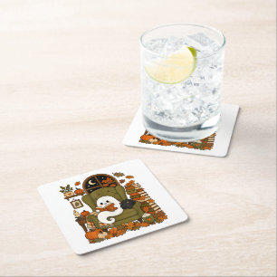 Cute Ghost Reading Book Black Cat Fall Pumpkin Square Paper Coaster