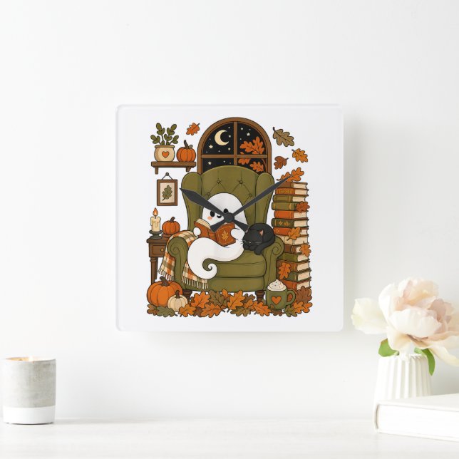 Cute Ghost Reading Book Black Cat Fall Pumpkin Square Wall Clock (Home)