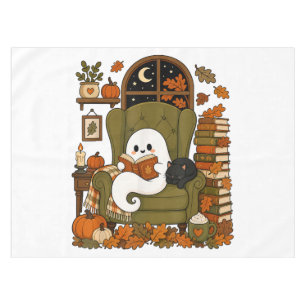 Cute Ghost Reading Book Black Cat Fall Pumpkin Tablecloth