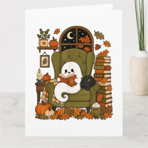 Cute Ghost Reading Book Black Cat Fall Pumpkin  Thank You Card