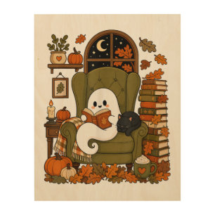 Cute Ghost Reading Book Black Cat Fall Pumpkin Wood Wall Art
