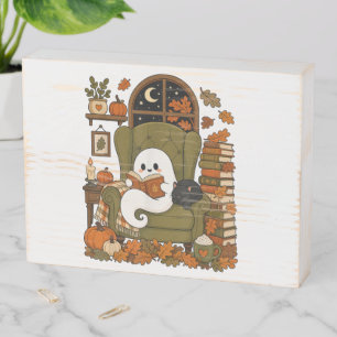 Cute Ghost Reading Book Black Cat Fall Pumpkin Wooden Box Sign