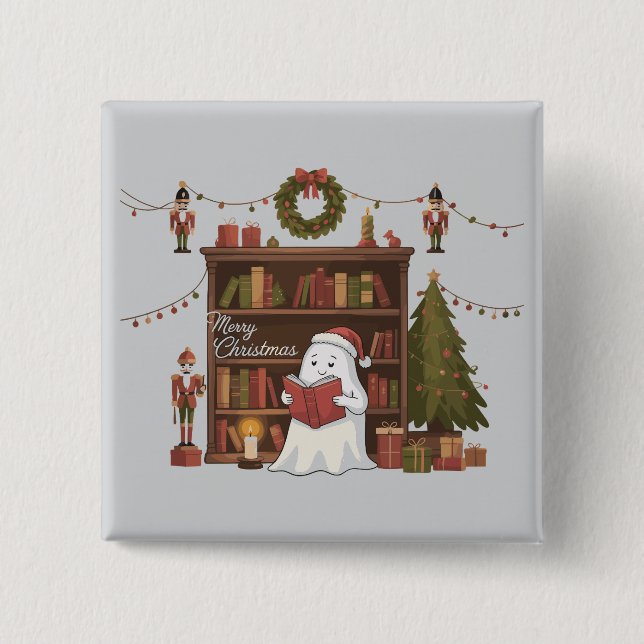 Cute Ghost Reading Book Christmas Reading  Button (Front)