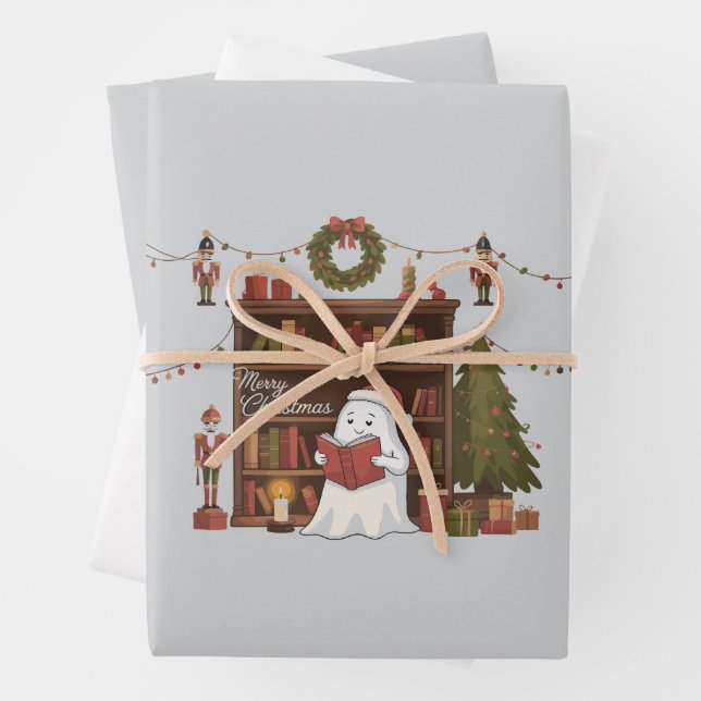 Cute Ghost Reading Book Christmas Reading  Wrapping Paper Sheets (In situ)