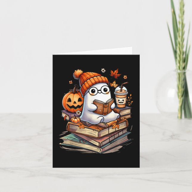 Cute Ghost Reading Book Lovers Autumn Fall Hallowe Card (Front)