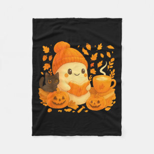 Cute Ghost Reading Book Lovers Autumn Fall Hallowe Fleece Blanket