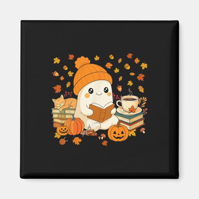 Cute Ghost Reading Book Lovers Autumn Fall Hallowe Magnet (Front)