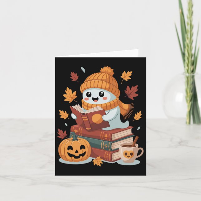 Cute Ghost Reading Books - Fall Halloween Book Lov Card (Front)