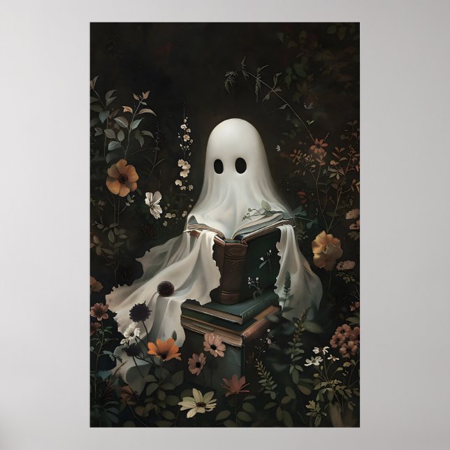 Cute Ghost Reading Books Print, Digital Halloween Poster (Front)